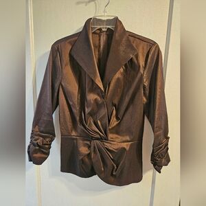 Tadashi Shoji shiny brown 3/4 rouched sleeve peplum style jacket/top. Size 10.
